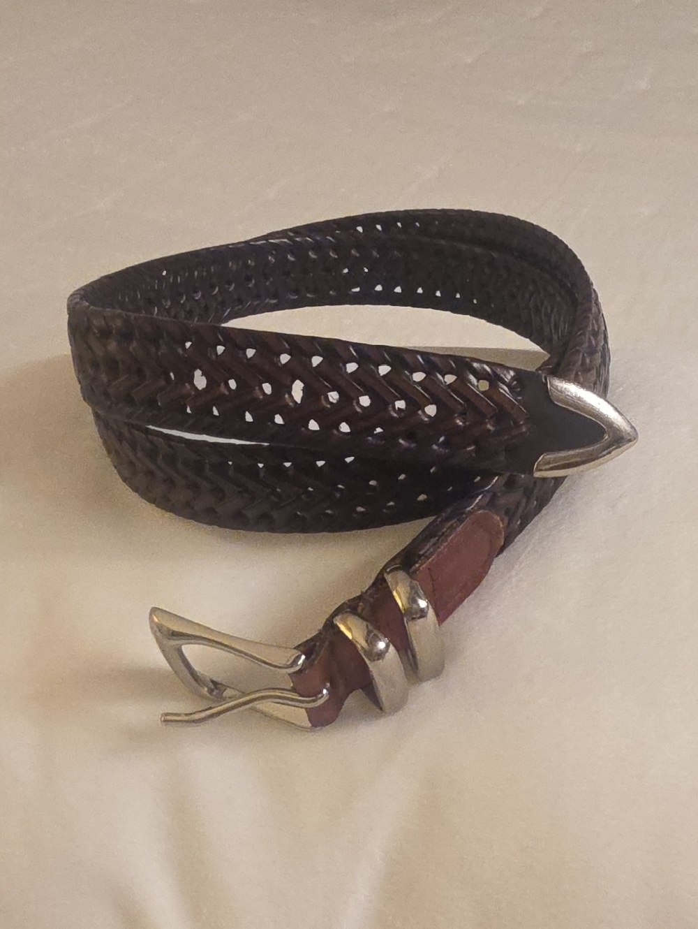 Men's Bonded Woven Leather Belt in Dark Brown with Silver Buckle Size 40